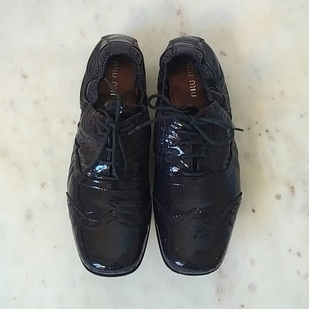 Miu Miu Black Patent Leather Lace-Up Flats